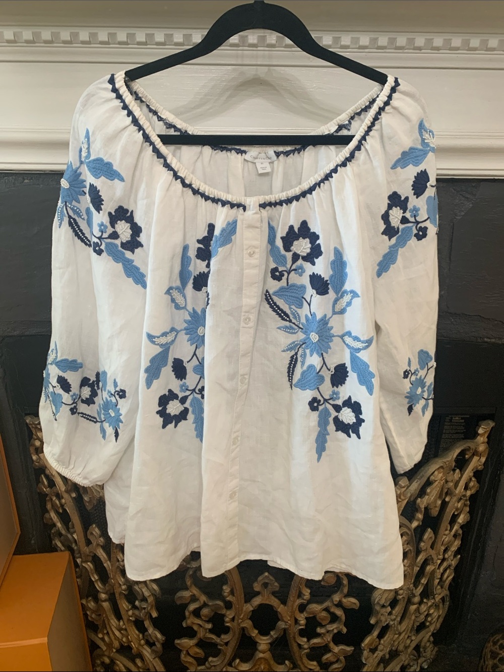 Charter Club White Peasant Blouse with Blue Floral Embroidery